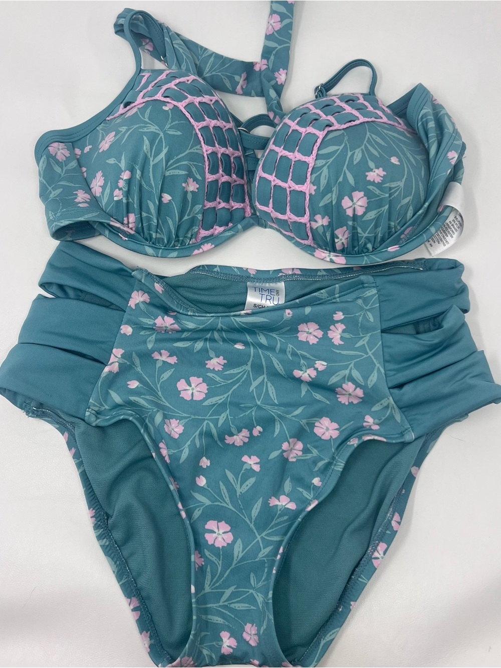 Time and Tru Teal Floral Bikini Set with Pink Accents